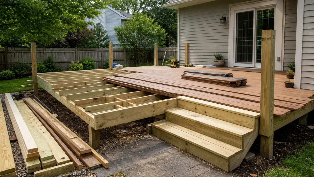 Backyard deck construction with framing, deck boards, and railing materials