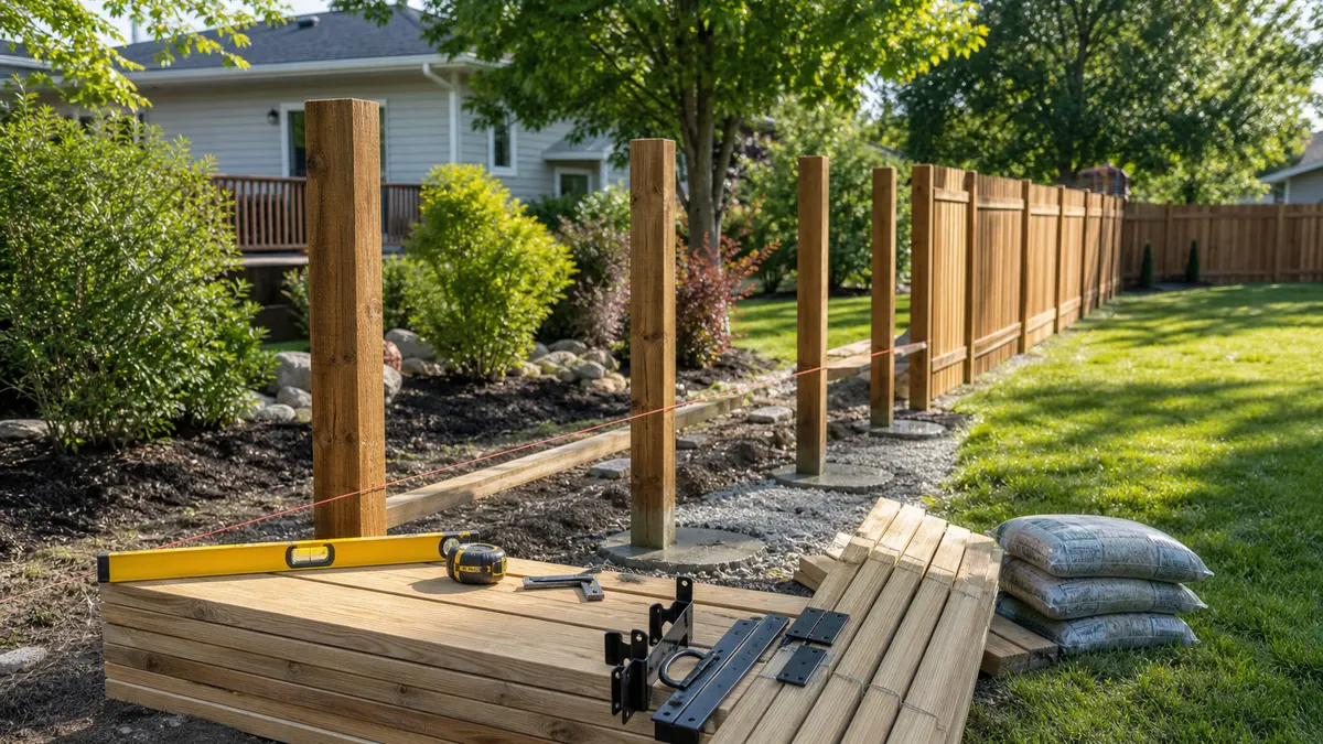 Fence installation project with posts, boards, level, string line, and concrete bags