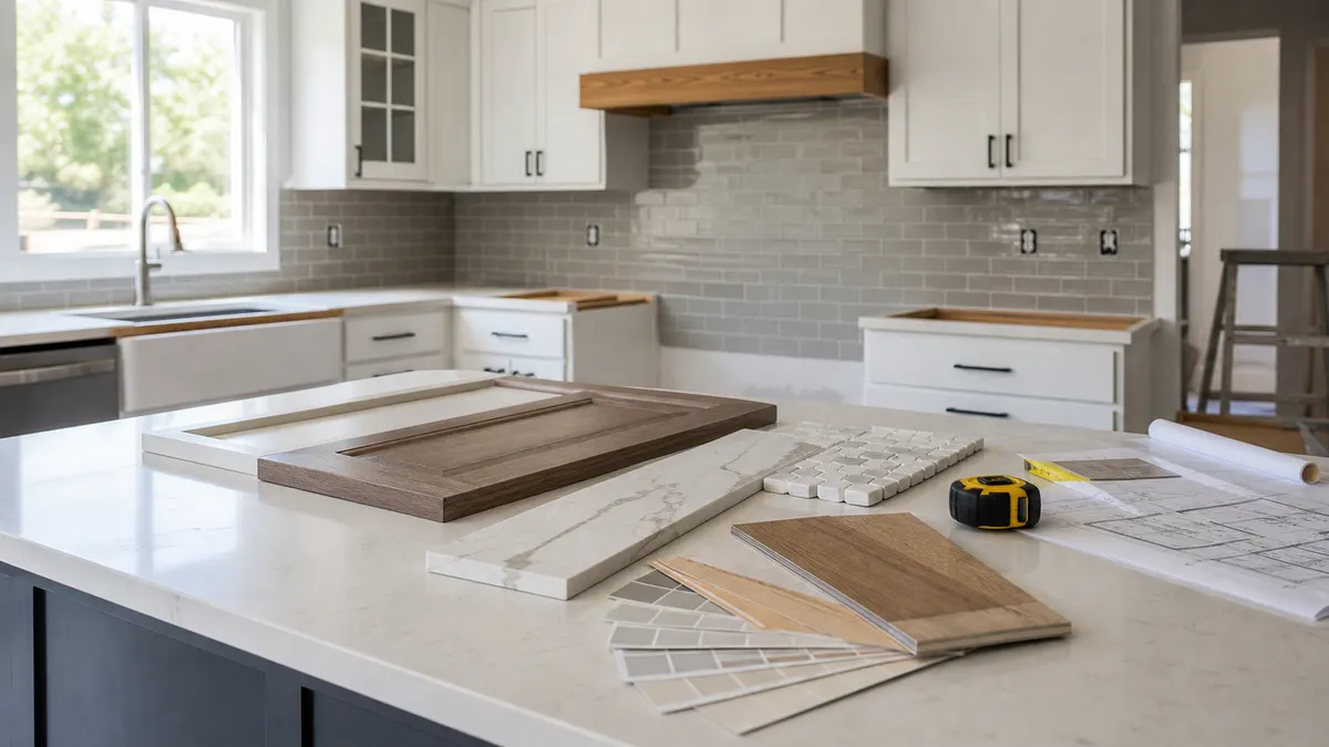 Kitchen remodel materials with cabinets, countertop samples, sink fixture, and tile