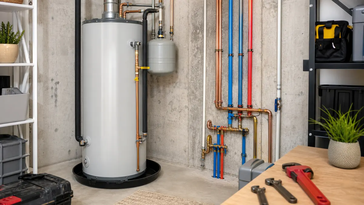 Water heater replacement setup with new tank, drain pan, expansion tank, copper piping, pipe insulation, and hand tools